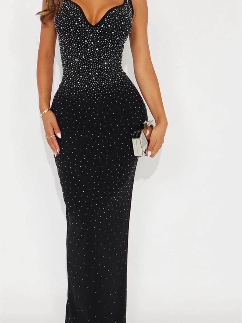 Fashion Nova Black Crystal-Studded Maxi Gown